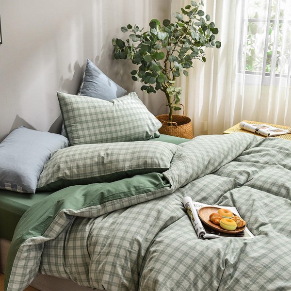 Japanischer Stil, vierteiliger Anzug aus gewaschener Baumwolle, Karomuster, einfaches Bettlaken aus Baumwolle, Bettwäsche