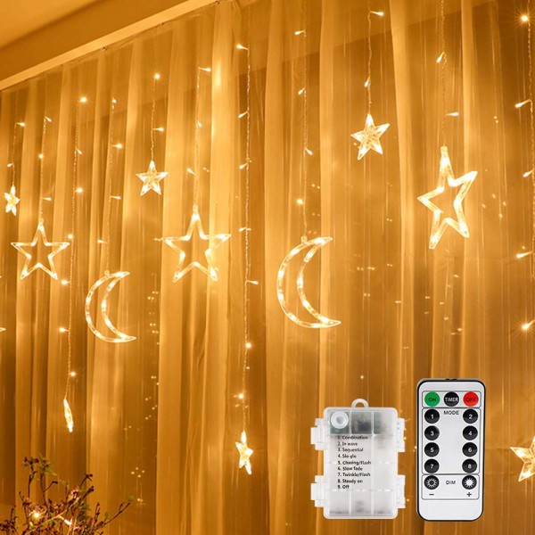 LED Lichtervorhang Lichterkette,Sterne und Mond 138pcs LED Fenstervorhang Lichter Mit 8 Blinkenden Modi für Garten, Haus, LED Sternenvorhang Dekorative, Warmes Weiß 3.5 * 1M