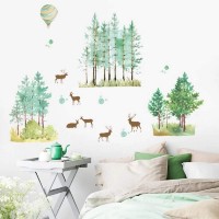 XL Aquarell Wandtattoo REHE im WALD grün | Wandbilder: 140x100 cm | Wandsticker Baum Tiere Pflanzen Wand-aufkleber | Deko für Wohnzimmer Schlafzimmer Kinderzimmer Flur Küche GROSS