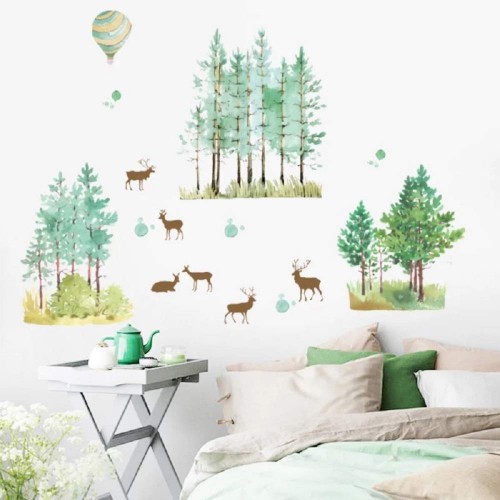 XL Aquarell Wandtattoo REHE im WALD grün | Wandbilder: 140x100 cm | Wandsticker Baum Tiere Pflanzen Wand-aufkleber | Deko für Wohnzimmer Schlafzimmer Kinderzimmer Flur Küche GROSS