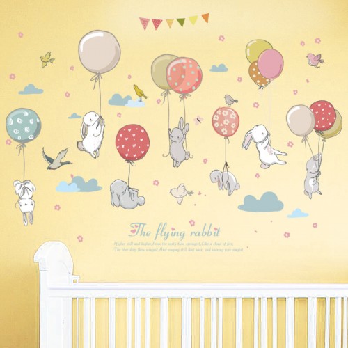 Wandtattoo Babyzimmer HASE HASE FLIEG I Wandbilder: 105x72cm I Wandsticker Kaninchen Ballons Wolken Poster Wandaufkleber I Deko für Kinderzimmer Baby Kinder Mädchen Junge