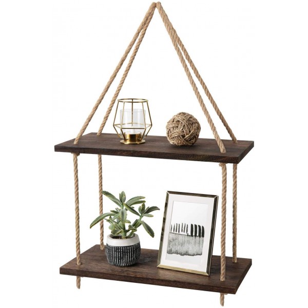 Holz Hängendes Regal Wandschaukel Lager Regale Jute-Seil Organizer Rack, 2 Tier