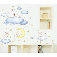 Wandtattoo Babyzimmer SCHÖNE TRÄUME I Wandbilder: 200x52 cm I Wandaufkleber Hase blau Wolken Mond Sterne Wandsticker Sweet Dreams I Deko für Kinderzimmer Baby Junge Mädchen XL