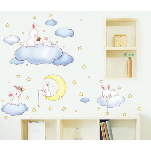 Wandtattoo Babyzimmer SCHÖNE TRÄUME I Wandbilder: 200x52 cm I Wandaufkleber Hase blau Wolken Mond Sterne Wandsticker Sweet Dreams I Deko für Kinderzimmer Baby Junge Mädchen XL