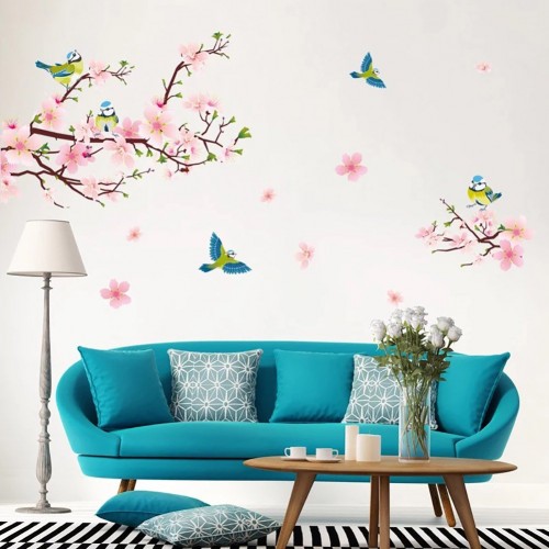 XL Wandtattoo PFIRSICHBLÜTE mit Vögeln Rosa | Wandbilder: 170x85 cm | Wand-aufkleber Kirsch Sakura Blumen Ast Baum-Zweig Sticker | Deko für Wohn-Schlafzimmer Kinderzimmer Flur Küche