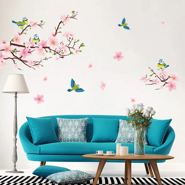 XL Wandtattoo PFIRSICHBLÜTE mit Vögeln Rosa | Wandbilder: 170x85 cm | Wand-aufkleber Kirsch Sakura Blumen Ast Baum-Zweig Sticker | Deko für Wohn-Schlafzimmer Kinderzimmer Flur Küche