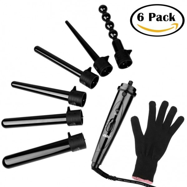 6 in 1 Lockenstab,Lockenwickler Set Multifunktions digitaler LCD Anzeige + austauschbaren Stäben mit hitzebeständiger Handschuh