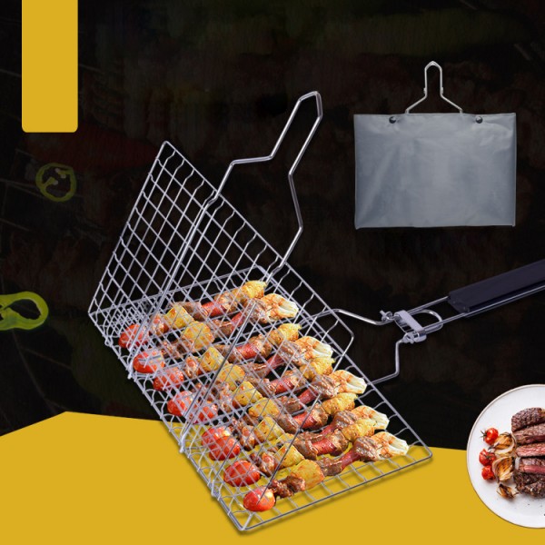 Edelstahl-Grillnetz, zusammenklappbares Grillnetz, Holzgriff, Grill, quadratisches Grillnetz für den Außenbereich
