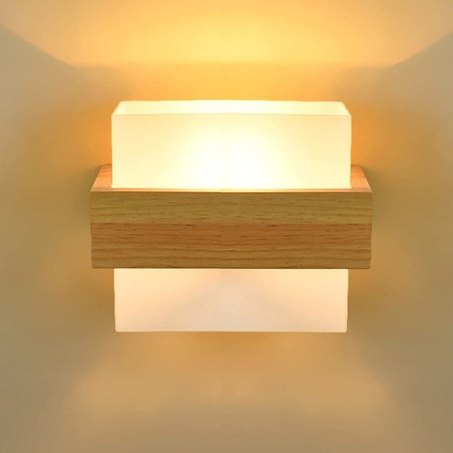 Moderne und einfache Massivholz-Wandleuchte mit Glaslampenschirm warmer Persönlichkeit Schlafzimmer Schlafzimmer Wohnzimmer Bett Flur Gang Balkon Eiche Einkopf-Wandleuchte