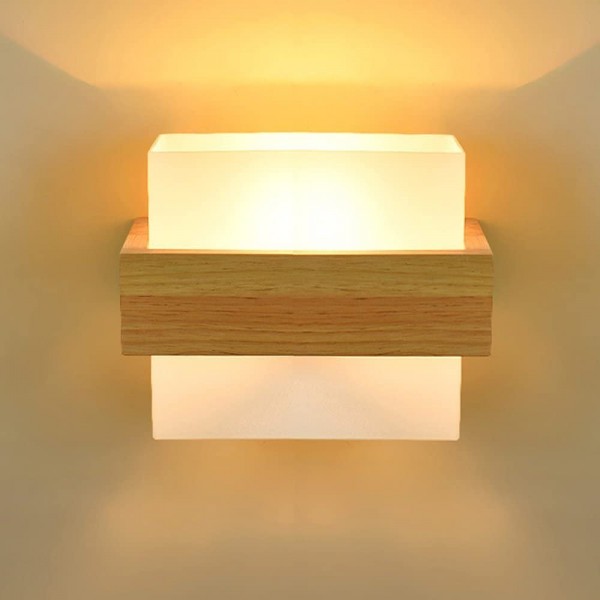 Moderne und einfache Massivholz-Wandleuchte mit Glaslampenschirm warmer Persönlichkeit Schlafzimmer Schlafzimmer Wohnzimmer Bett Flur Gang Balkon Eiche Einkopf-Wandleuchte