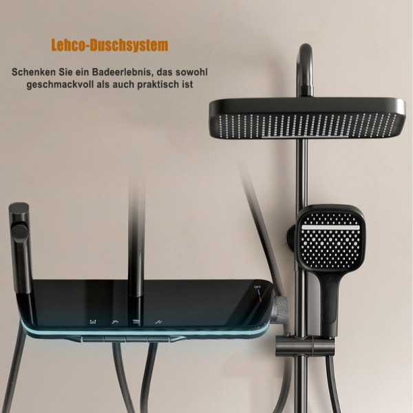 Multifunktionales Duschsystem, mit Temperaturanzeige und Ambientebeleuchtung, 150 cm extra langer Schlauch, mit Handbrause, extra großer Kopfbrause, Pistolengrau