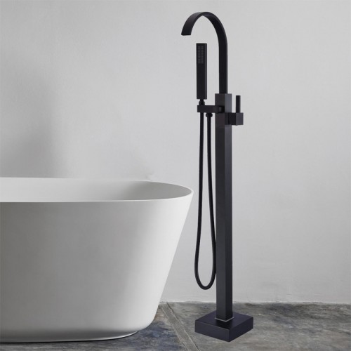 Mattschwarzer, freistehender Wanneneinlauf-Badewannen-Wasserhahn, Bodenmontage, Badezimmer-Wasserfall-Wasserhahn, Messing, schwenkbarer Auslauf, Einzelgriff mit Handbrause