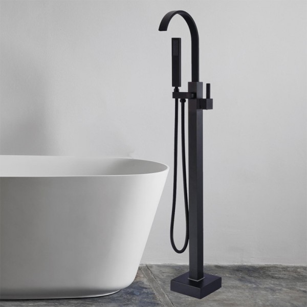 Mattschwarzer, freistehender Wanneneinlauf-Badewannen-Wasserhahn, Bodenmontage, Badezimmer-Wasserfall-Wasserhahn, Messing, schwenkbarer Auslauf, Einzelgriff mit Handbrause