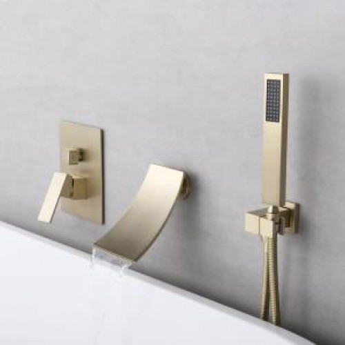 Badewannenarmatur, Wasserfallauslauf, Wandmontage-Wannenarmatur mit Handbrause, massiver Messing-Wandmontage-Wannenfüllerhahn für Badezimmer, gebürstetes Gold