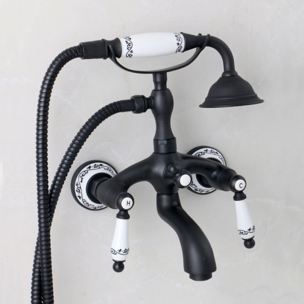 Badewannenarmatur, gebürstetes Nickel, Badewannen-Duscharmatur mit Handbrause, Wandmontage, Wannenfüller, 2-stufige Griffe mit Wannenauslauf, viktorianischer Vintage-Telefonstil