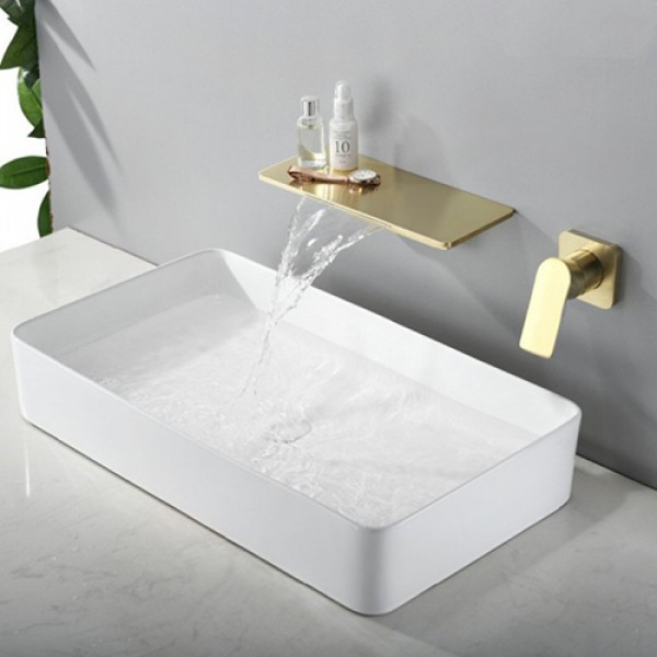 Gebürstetes Gold, Wasserfall-Waschtischarmatur, 1 Griff, Wandmontage, WC-Wasserhahn, Mischbatterie aus massivem Messing Gebürstetes Gold, Wasserfall-Waschtischarmatur, 1 Griff, Wandmontage, WC-Wasserhahn, Mischbatterie aus massivem Messing