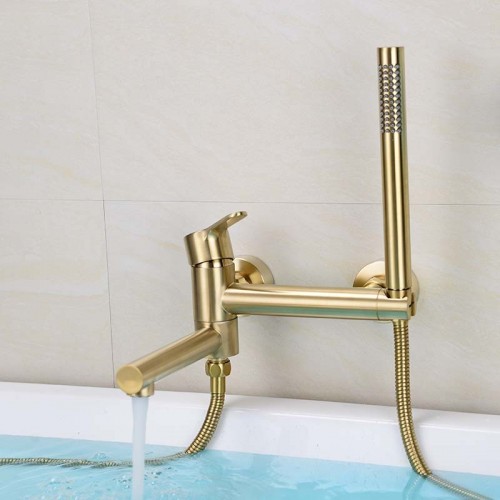Wandmontierter Badewannen-Wasserhahn, runde Dusch-Mischbatterien, gebürstetes Gold, wandmontierte Badewannen-Wasserhahn-Mischbatterien mit Handbrause
