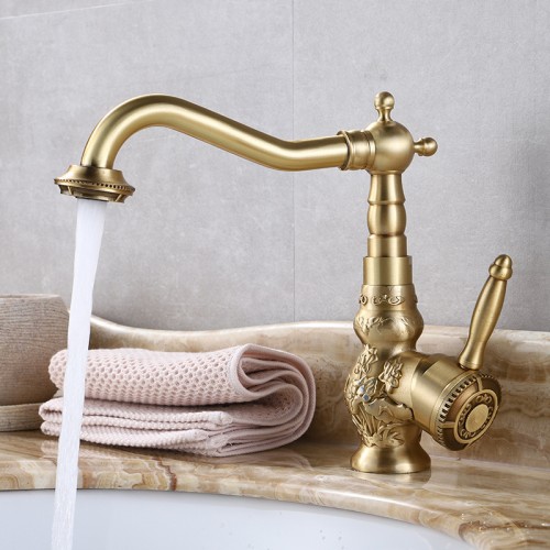Antiker Messing-Badezimmer-Wasserhahn mit schwenkbarem Auslauf – Waschtisch-Wasserhahn, Badezimmer-Wasserhahn für heißes und kaltes Wasser，Sowohl für Aufsatz- als auch für Unterbauwaschtische geeignet