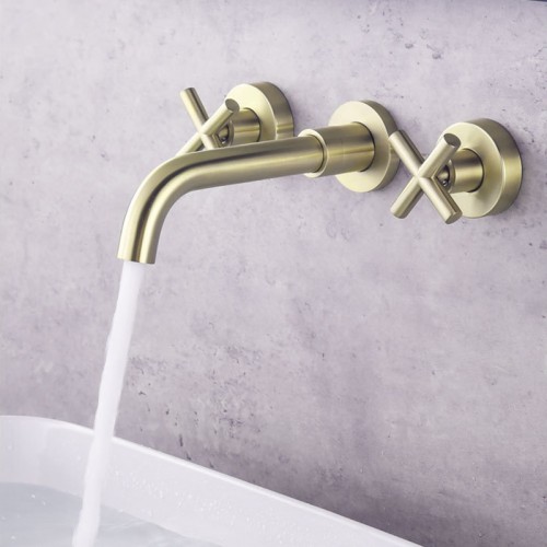 Badezimmer-Wasserhahn, Doppelgriff-Wandmontage-Waschtischarmatur und raues Ventil im Lieferumfang enthalten, Gebürstetes Gold