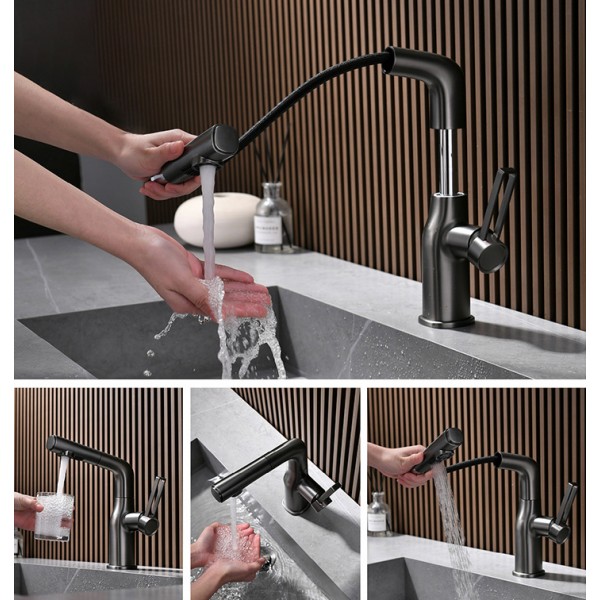 360° drehbarer Badezimmer-Wasserhahn, anhebbarer Waschbecken-Wasserhahn mit herunterziehbarer Brause, Einhand-Warm- und Kaltwasserhahn, multifunktionaler Badezimmer-Wasserhahn