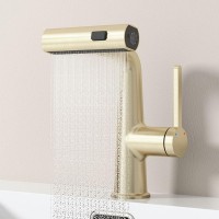 Badezimmer-Wasserhahn mit herausziehbarer Brause, Wasserfall-Badezimmer-Wasserhahn, moderner Badezimmer-Waschbecken-Wasserhahn aus Messing, Einhebel-Einloch-Badezimmer-Wasserhahn, Badezimmer-Mischbatterie,Gebürstetes Gold