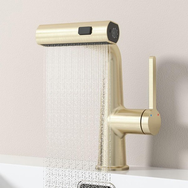 Badezimmer-Wasserhahn mit herausziehbarer Brause, Wasserfall-Badezimmer-Wasserhahn, moderner Badezimmer-Waschbecken-Wasserhahn aus Messing, Einhebel-Einloch-Badezimmer-Wasserhahn, Badezimmer-Mischbatterie,Gebürstetes Gold Badezimmer-Wasserhahn mit herausziehbarer Brause, Wasserfall-Badezimmer-Wasserhahn, moderner Badezimmer-Waschbecken-Wasserhahn aus Messing, Einhebel-Einloch-Badezimmer-Wasserhahn, Badezimmer-Mischbatterie,Gebürstetes Gold