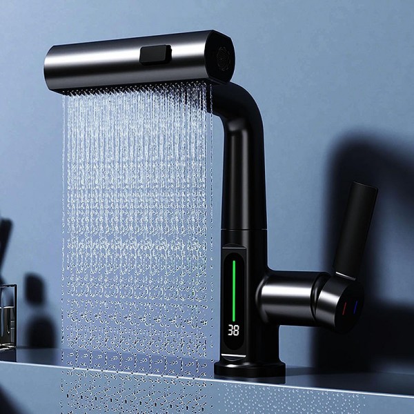 Badezimmer-Wasserhahn mit LED-Temperaturanzeige, anhebbarer Badezimmer-Wasserhahn mit herunterziehbarer Brause, Wasserfall-Regenwasserhahn für Badezimmerwaschbecken, Einhebel-Badezimmer-Mischbatterie