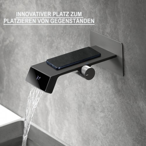 Wasserfall-Badezimmerarmatur mit Temperaturanzeige, Wandmontage-Badezimmerarmatur, 1-Loch-Badezimmerarmatur mit Drehknopfschalter, modernes Design für mehrere Szenarien in Hotels, Badezimmern, Balkonen usw