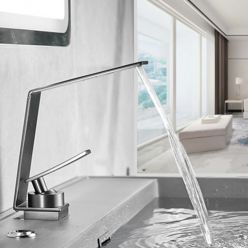 Wasserfall-Wasserhahn, Warm- und Kaltwasser-Wasserhahn, Einloch-Waschbecken-Wasserhahn, Vollmessing-Badezimmer-Einhebelmischer, Gunmetal Grey